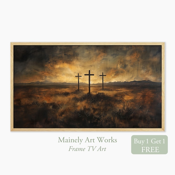 Three Crosses Silhouette Golden Sunset Hill Dramatic Christian Wall Art Print