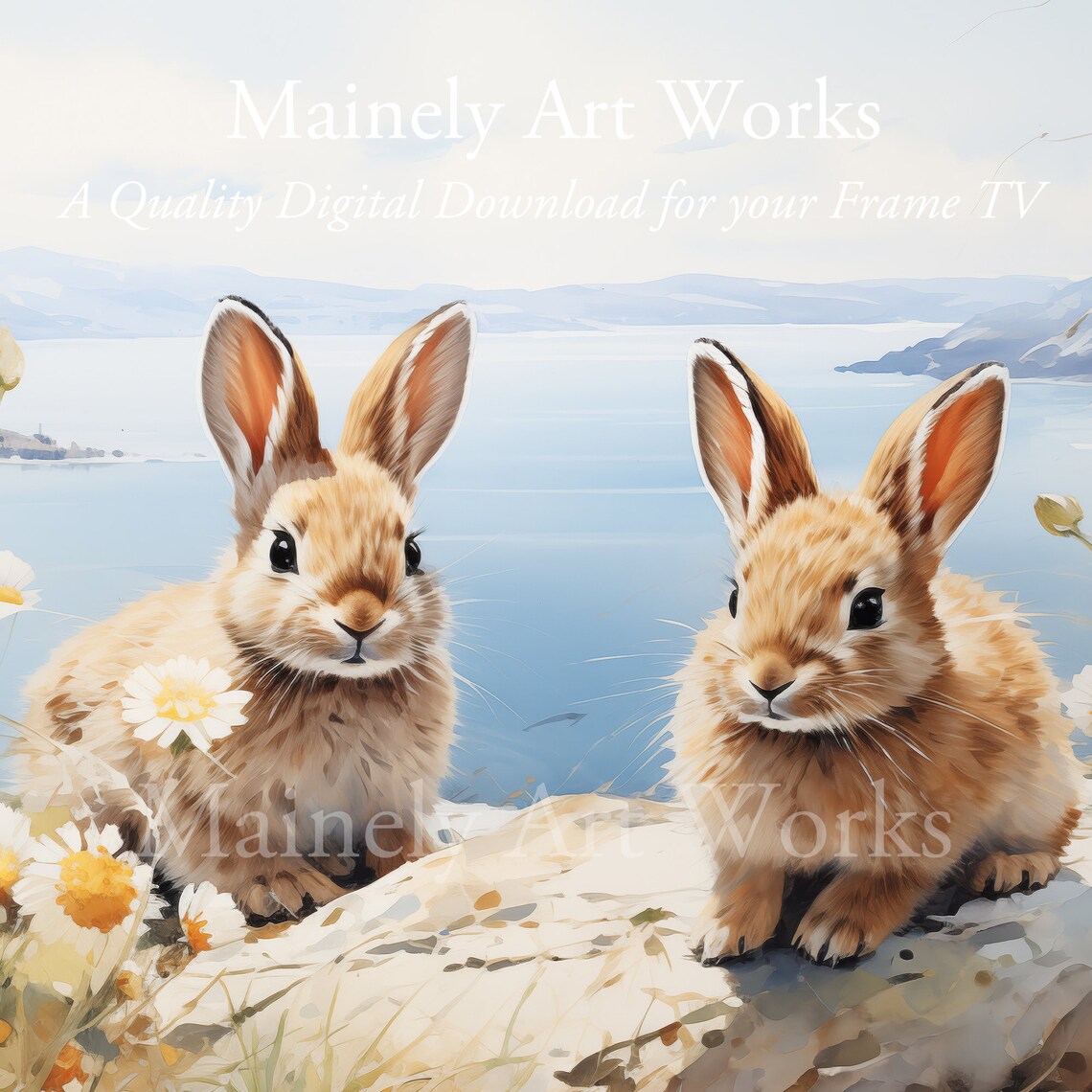 Two Baby Bunnies Among Wildflowers Coastal Meadow Summer Rabbit Wall Art Print - Image 3