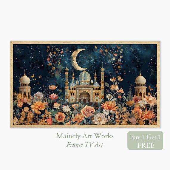 Taj Mahal Crescent Moon Starry Night Islamic Floral Garden Poster
