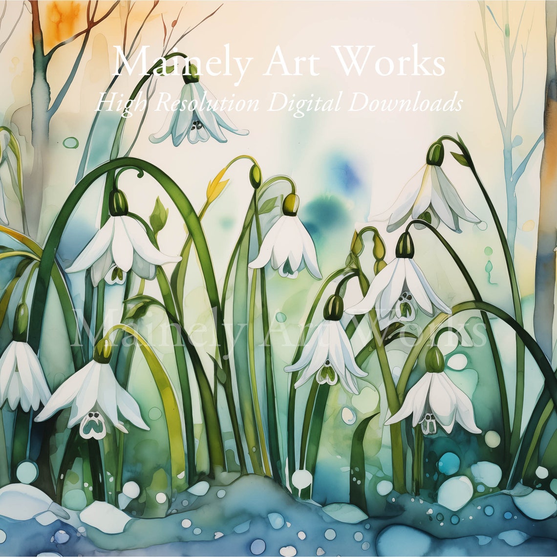 White Snowdrop Flowers Winter Forest Watercolor Spring Poster - Image 3