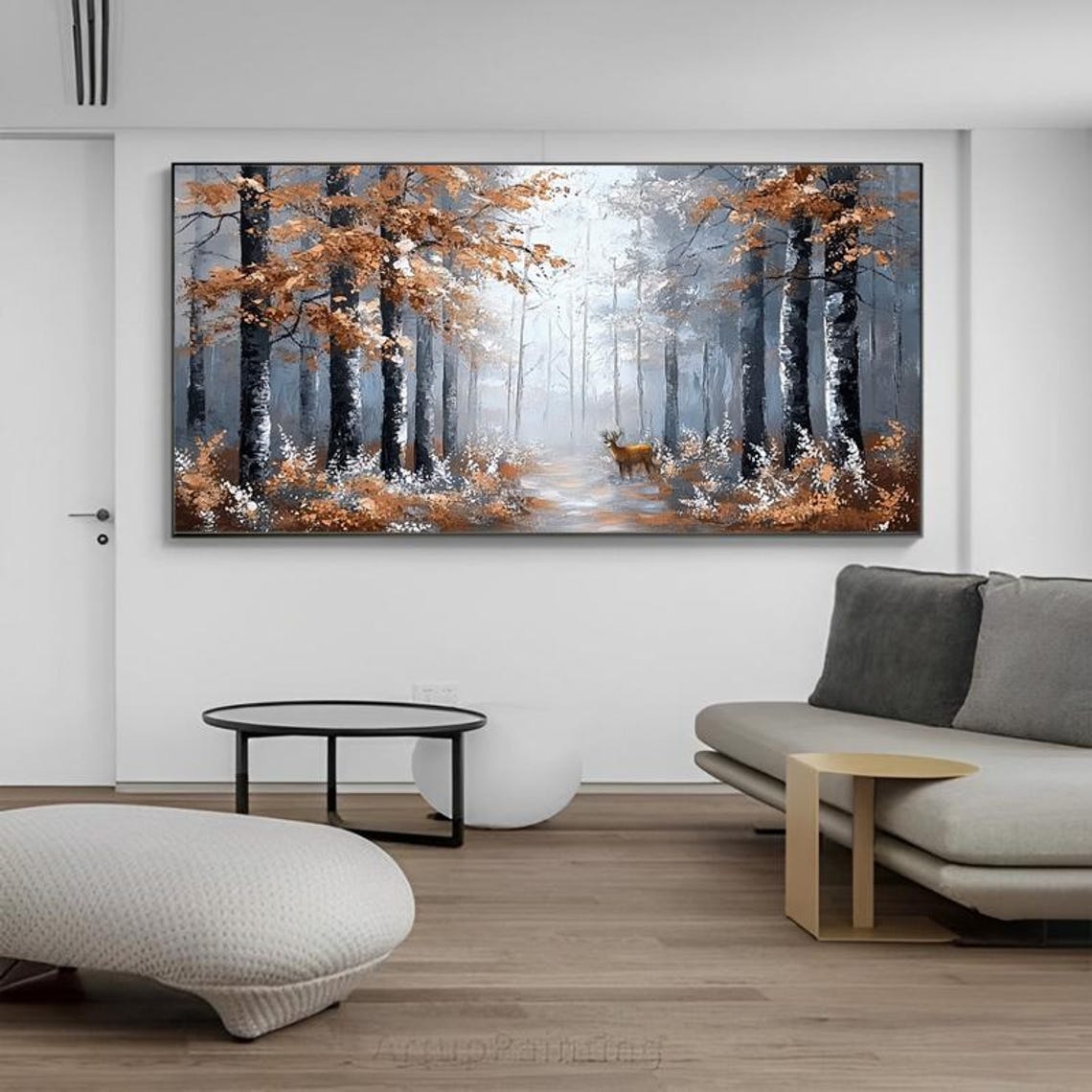 Rustic Autumn Birch Forest with Deer Misty Woodland Scene Poster - Image 6
