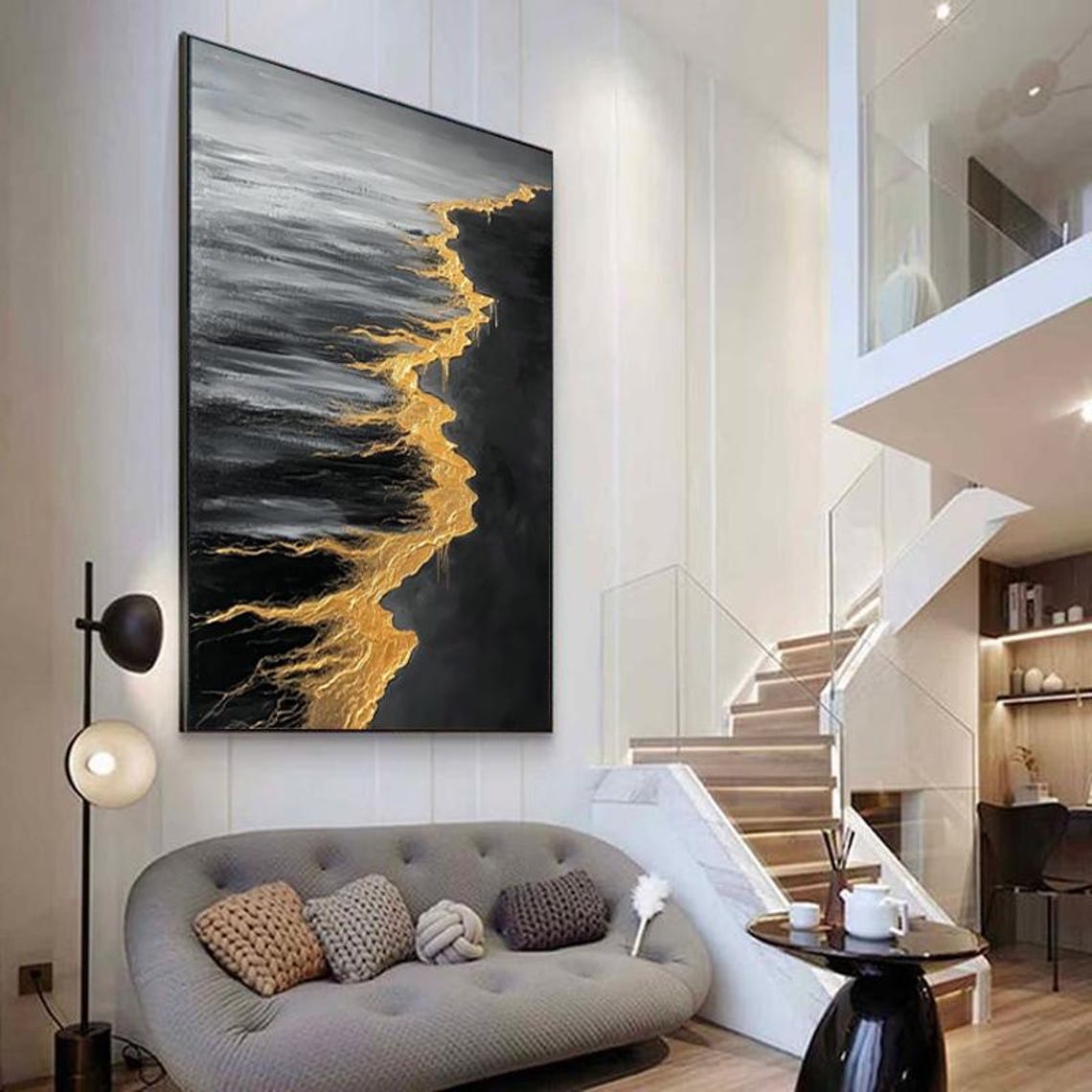 Black Sand Beach With a Golden Foil Shoreline Abstract Wall Art - Image 2