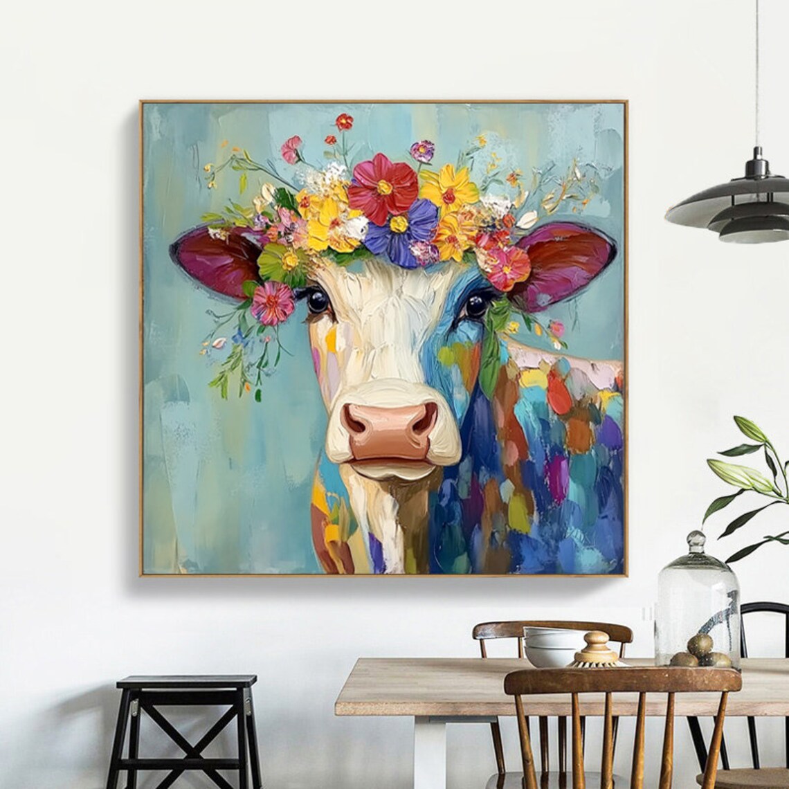 Abstract Floral Cow Oil-Painting Art Print, Living Room