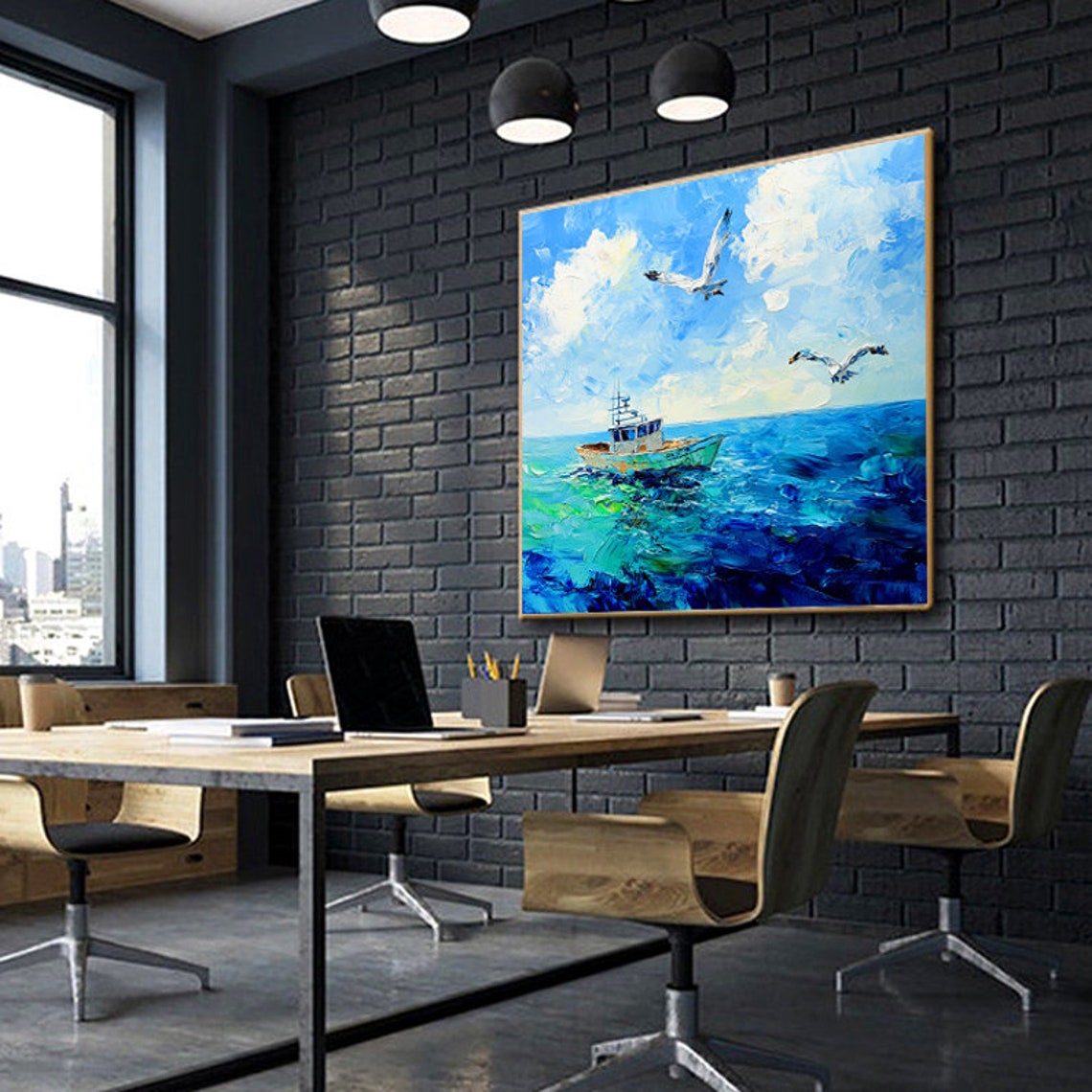 Fishing Boat and Seagulls on a Bright Blue Ocean Coastal Poster - Image 5