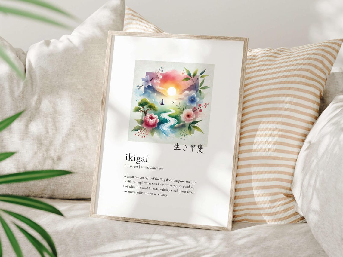 Ikigai Definition Japanese Language Quote Floral Sunrise Art Poster