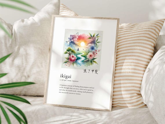 Colorful Ikigai Definition Wall Art Japanese Language Poster Self Discovery Mindfulness