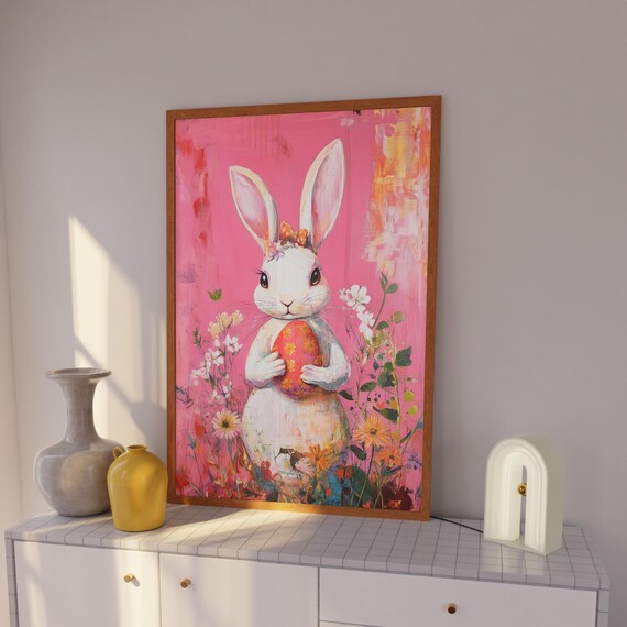 White Easter Bunny Holding Red Egg in Blossoming Field Poster