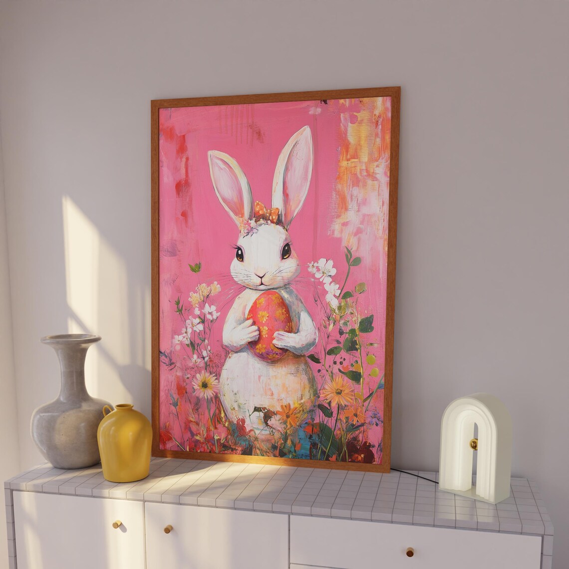 White Easter Bunny Holding Red Egg in Blossoming Field Poster