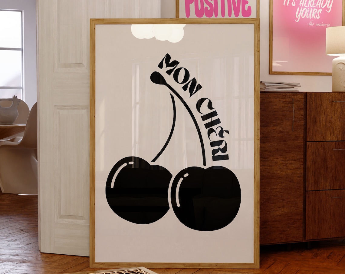 Mon Cheri Retro Cherry Art Print, Neutral Decor