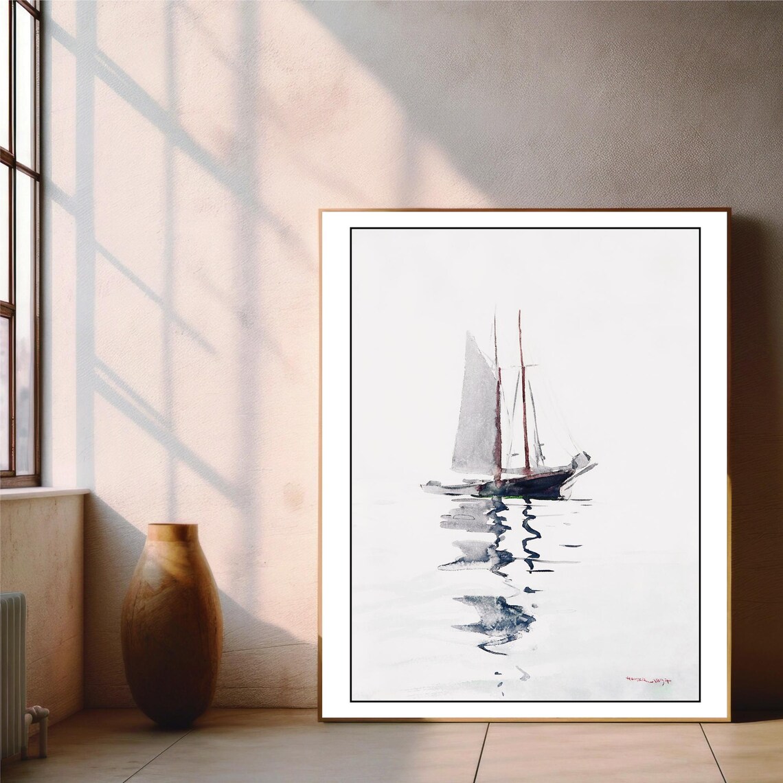 Minimalist Two Masted Schooner Watercolor Painting Sailboat Reflection Zen Art Poster - Image 3
