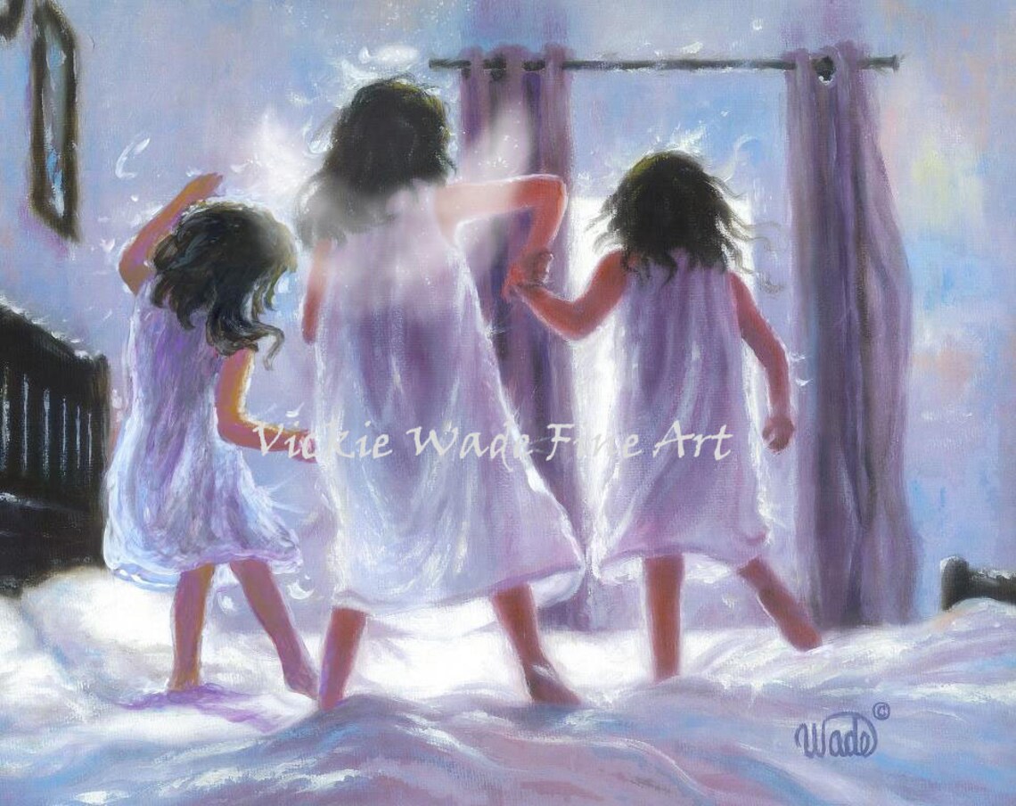 Angel Art Print Three Sisters Angel Sister Angel Painting Angel Wall Art Three Sisters Jumping On The Bed Sister Memorial Vickie Wade