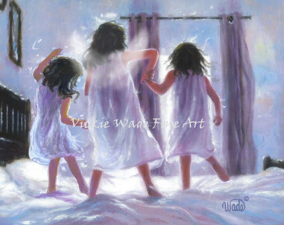 Three Sisters in White Gowns Dancing in Morning Light Poster