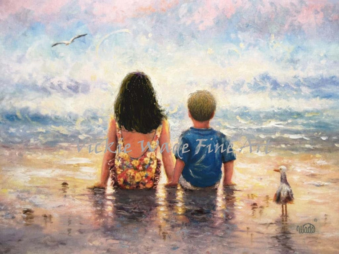 Brother And Sister Watching Ocean Waves On The Beach Art Poster - Image 3