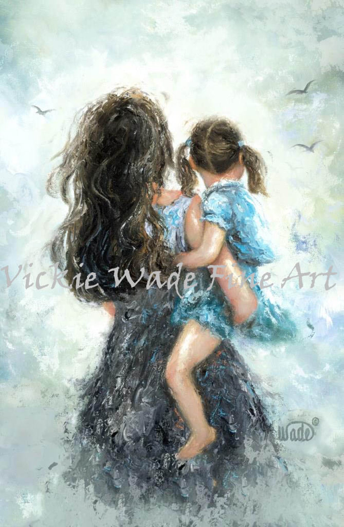 Mother And Daughter Art Print Mom Carrying Daughter Little Brunette Girl Redhead Girl Vickie Wade