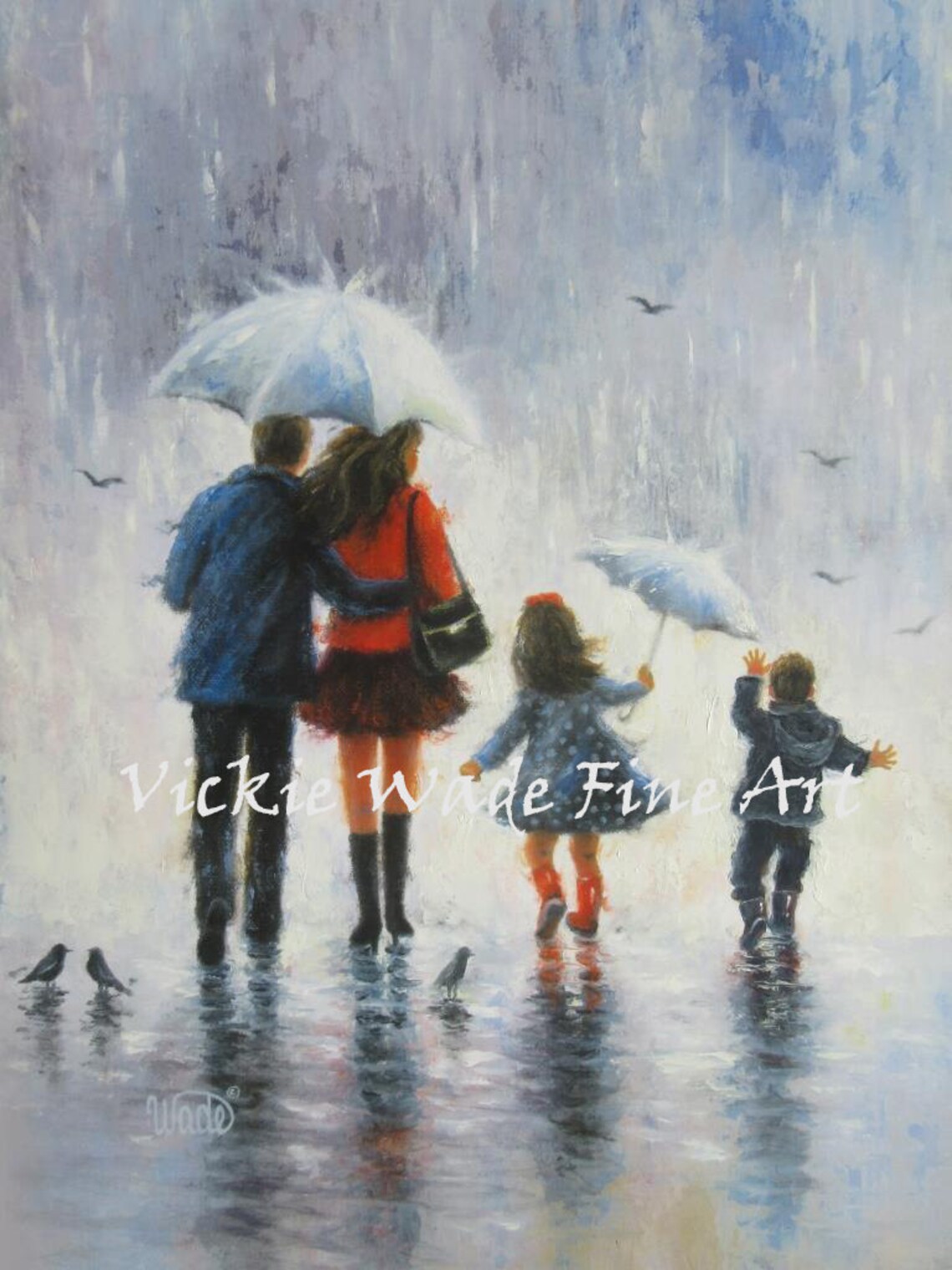 Family Of Four Walking Together In The Rain Umbrella Art Poster