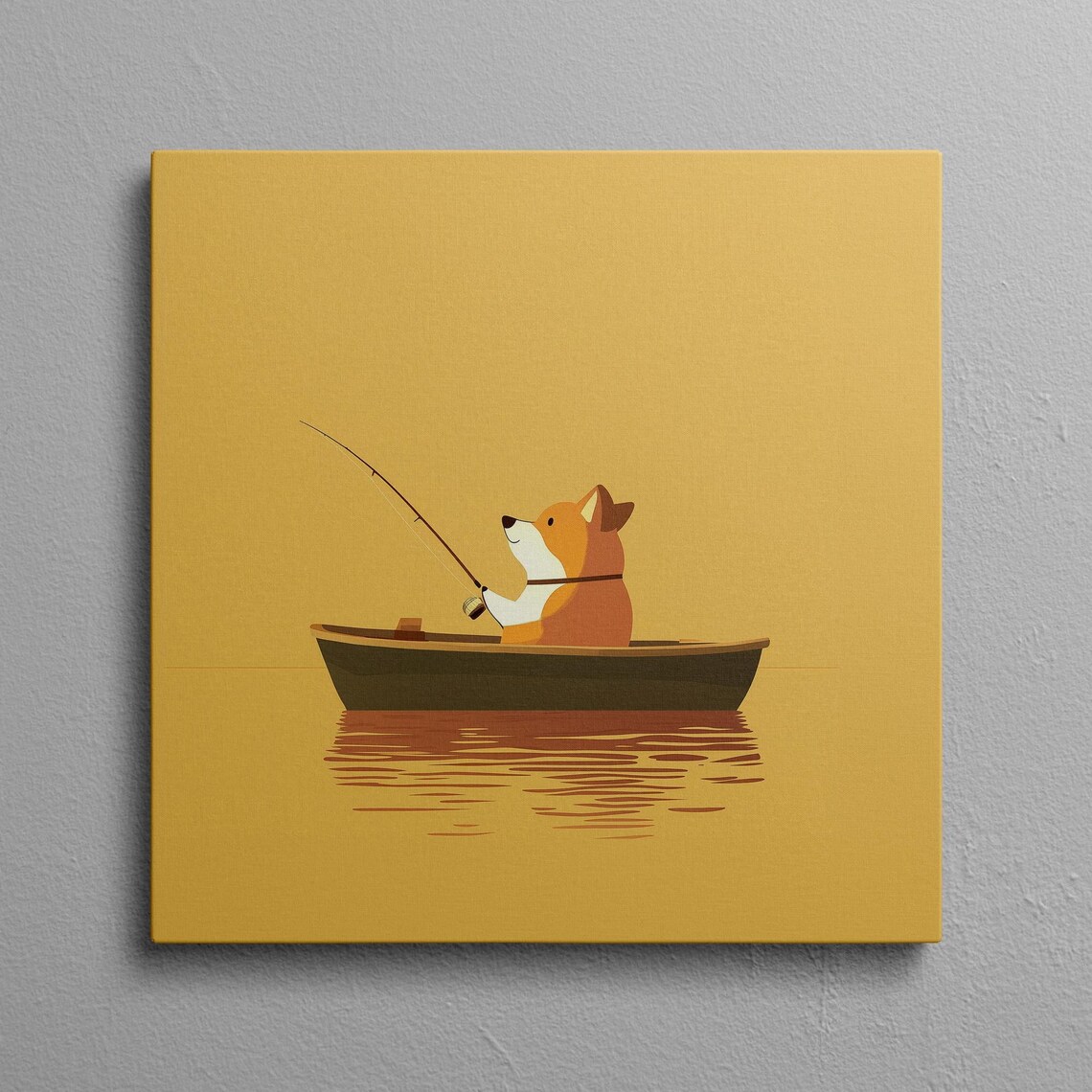 Corgi Fisherman in a Boat at Sunset Minimalist Yellow Poster