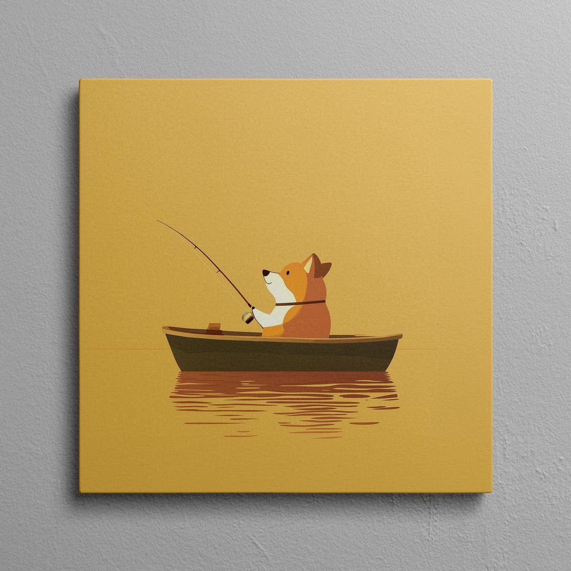 Kids Fishing Art Cute Fishing Corgi In Boat Yellow Wall Art Print Corgi Fisherman Print With 15 Wrapped Edge