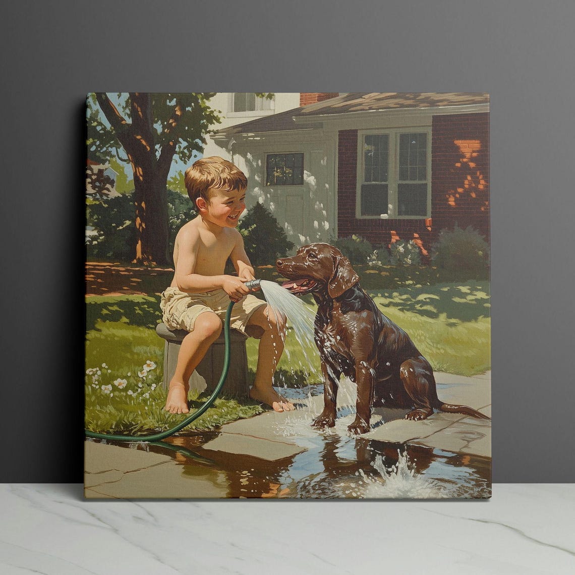 Laughing Boy Spraying Chocolate Lab With Garden Hose Summer Poster - Image 3