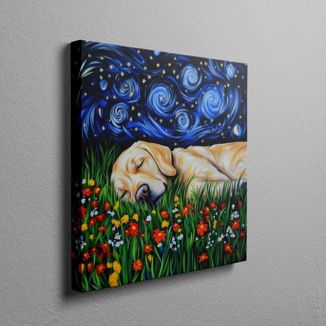 Yellow Labrador Sleeping in a Starry Night Flower Field Wall Art - Image 2