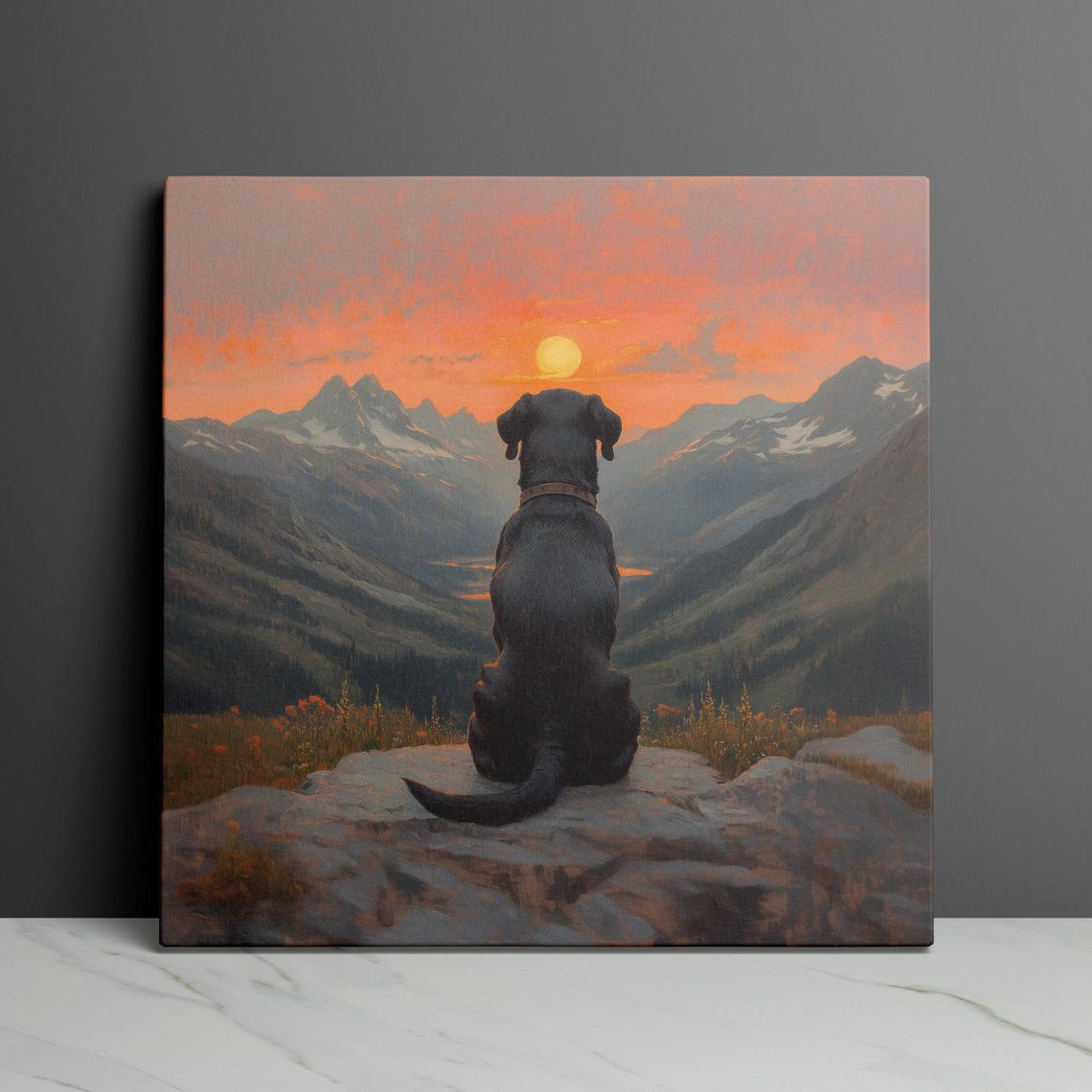 Black Lab Watching Mountain Sunset Sitting on a Rock Wall Art - Image 3