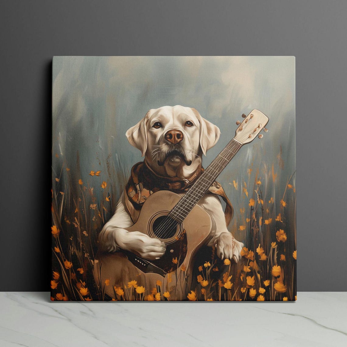Yellow Labrador Holding A Guitar In A Wildflower Meadow Poster - Image 3