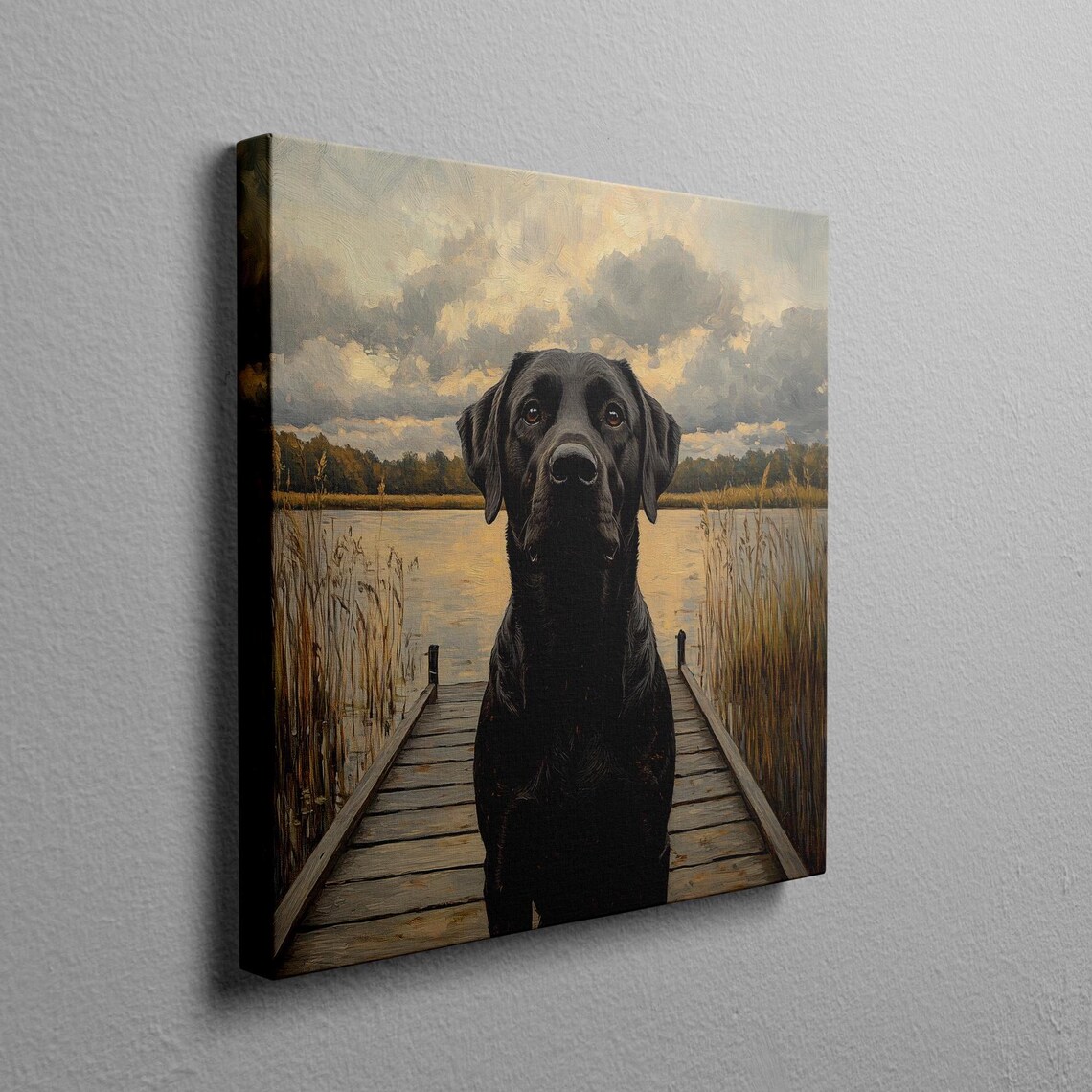 Black Lab Standing on a Wooden Dock by a Lake at Sunset Poster - Image 2