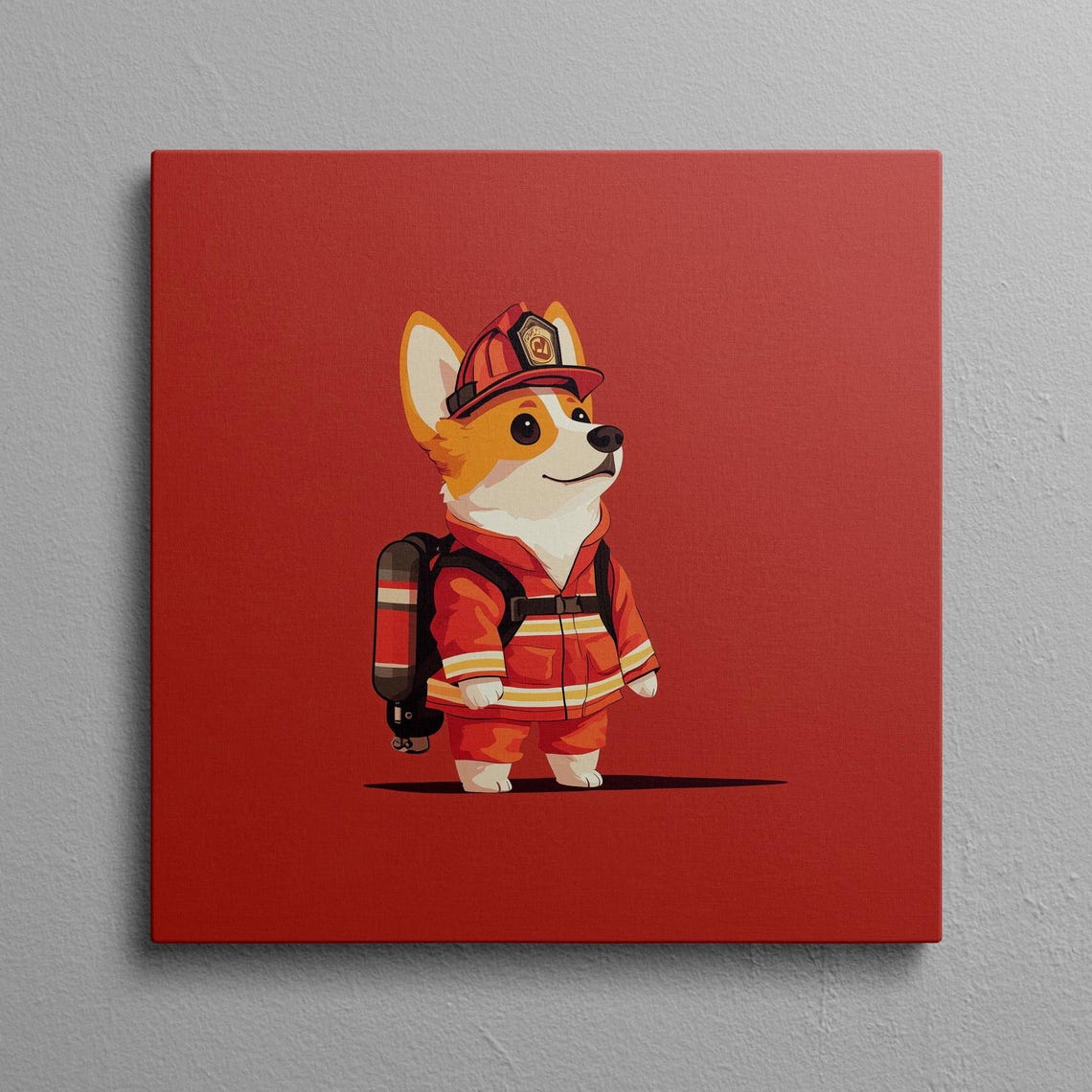 Corgi Firefighter Cartoon Puppy Dog in Fireman Nursery Poster