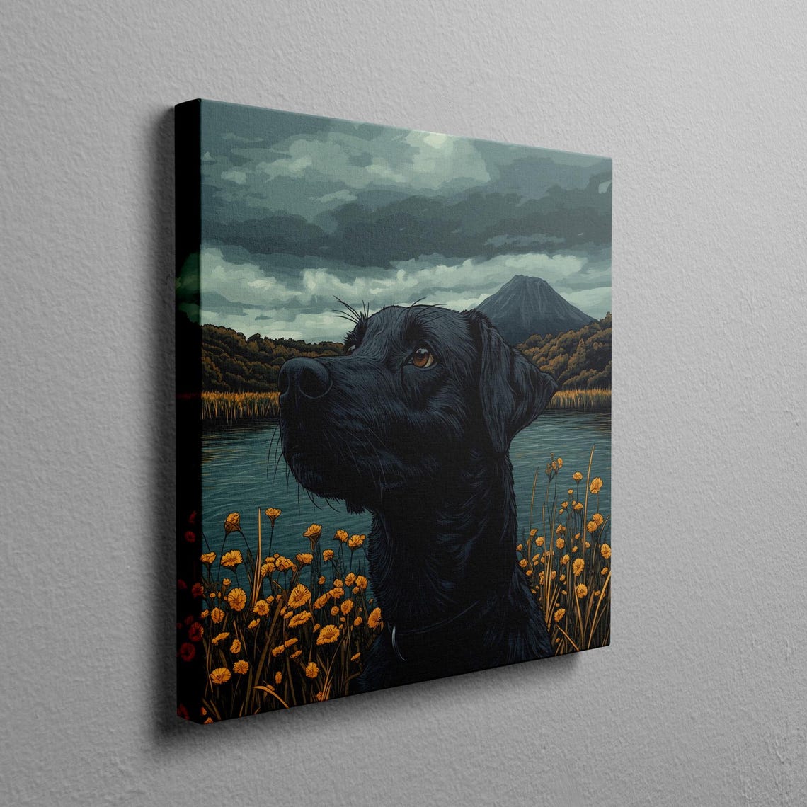 Black Lab by a Mountain Lake in Yellow Flowers Scenic Poster - Image 2