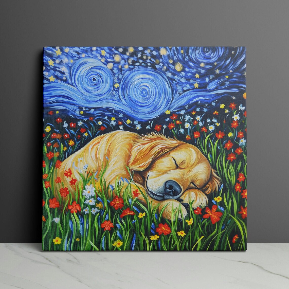 Sleeping Golden Retriever In Wildflowers Under Starry Night Poster - Image 3
