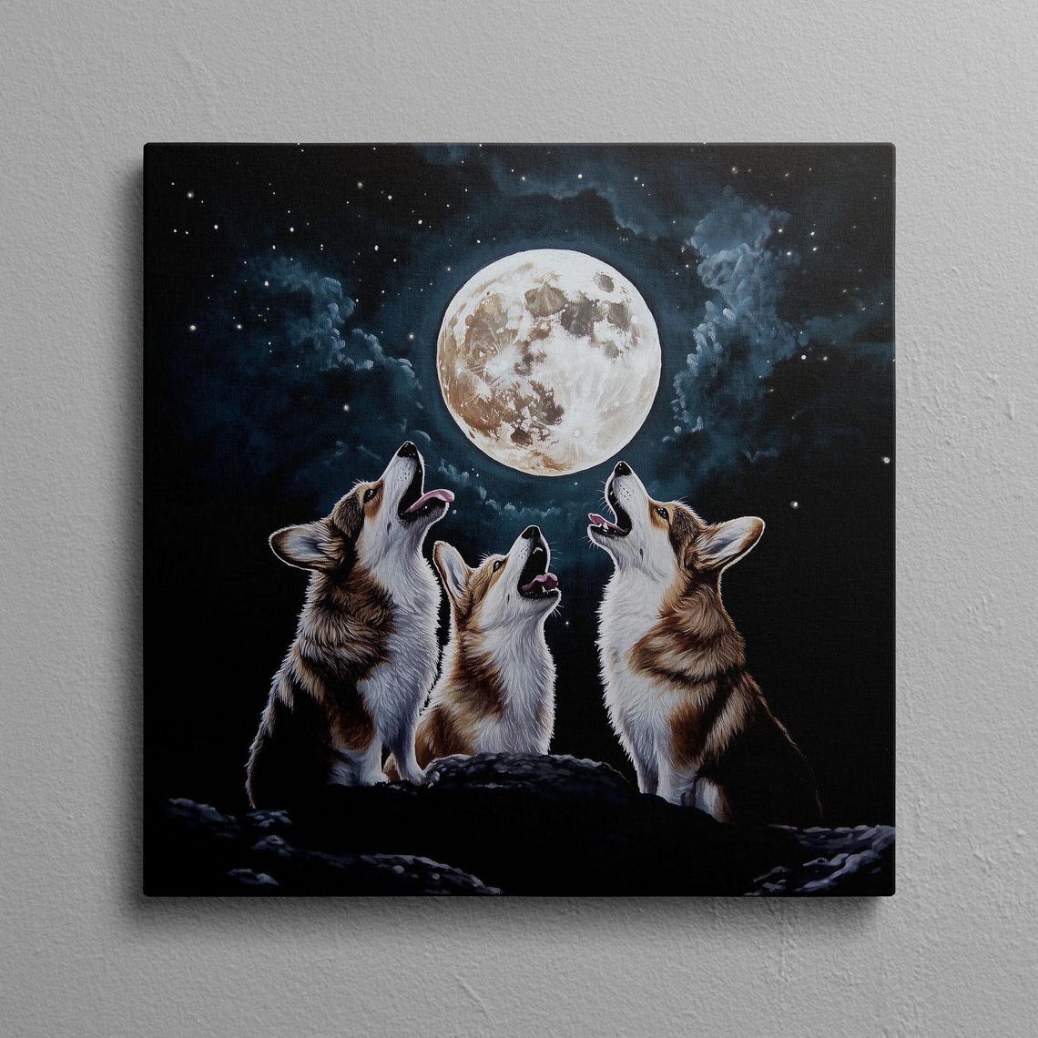 Three Corgis Howling Together At The Full Moon Starry Night Poster