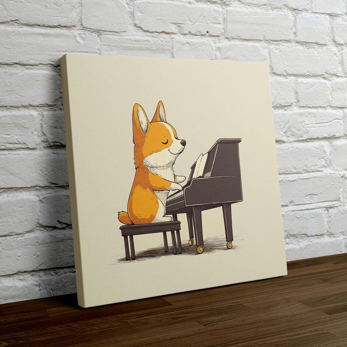 Corgi Playing A Grand Piano Minimalist Beige Dog Illustration Poster - Image 4