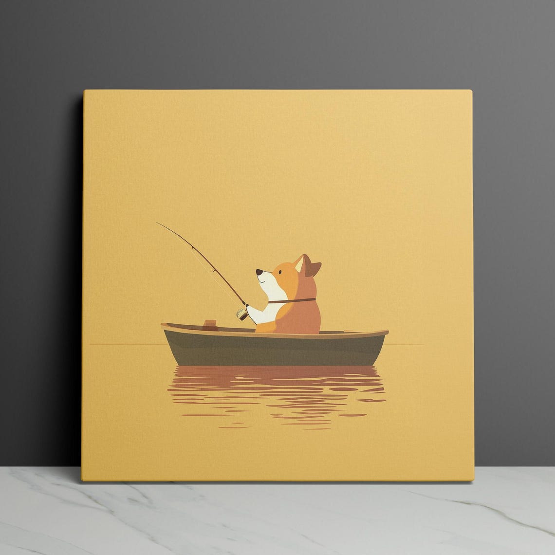 Kids Fishing Art Cute Fishing Corgi In Boat Yellow Wall Art Print Corgi Fisherman Print With 15 Wrapped Edge - Image 3