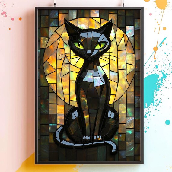 Black Cat Stained Glass Mosaic with a Golden Moon Halo Poster