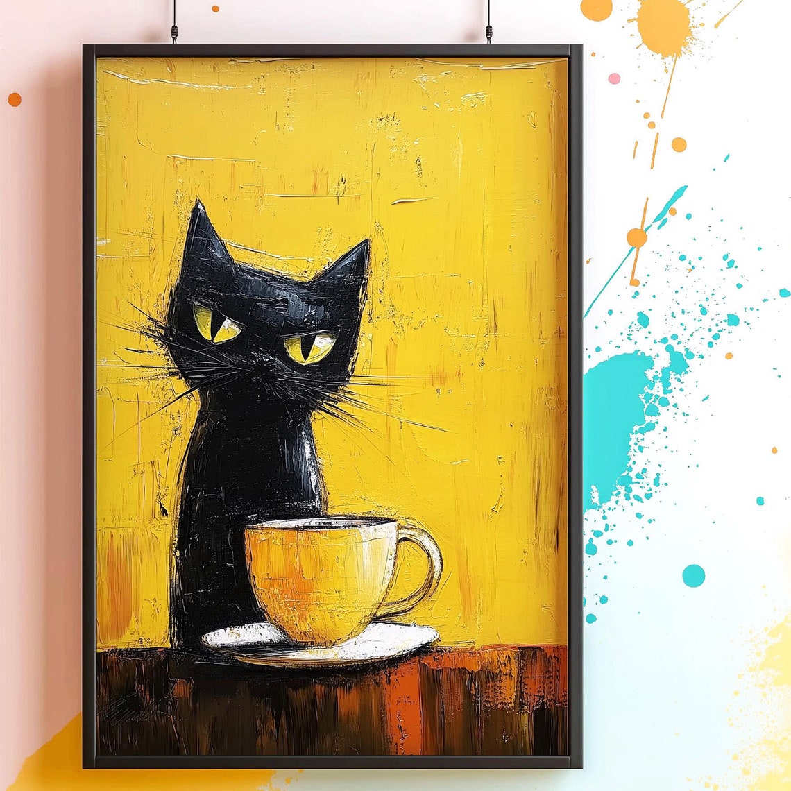 Grumpy Black Cat With Coffee Cup Wall Art Retro Yellow Kitchen Decor