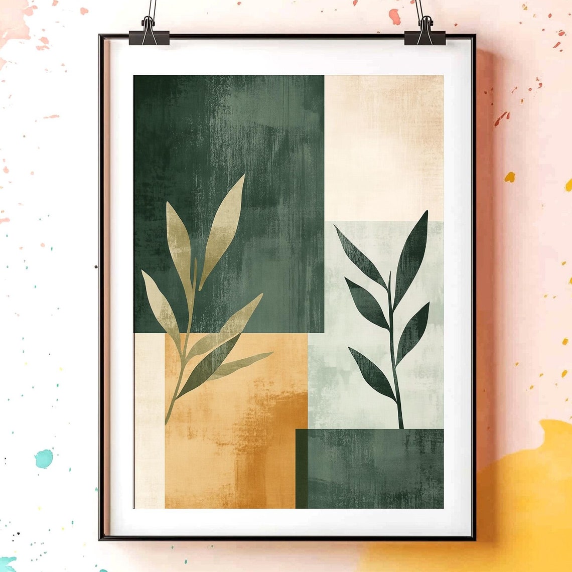 Mid Century Botanical Blocks Wall Art Sage Green Abstract Leaf Decor