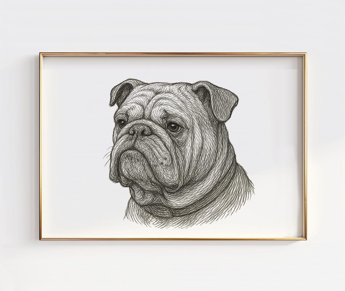 English Bulldog Line Art Detailed Etching Dog Head Portrait Poster