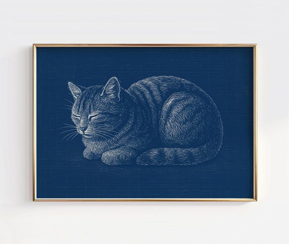 Blue Cat Line Art Print Minimalist Animal Wall Decor