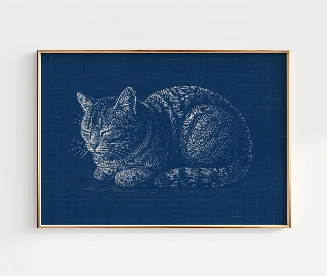 Sleeping Cat Navy Blue Etched Line Art Minimalist Wall Poster