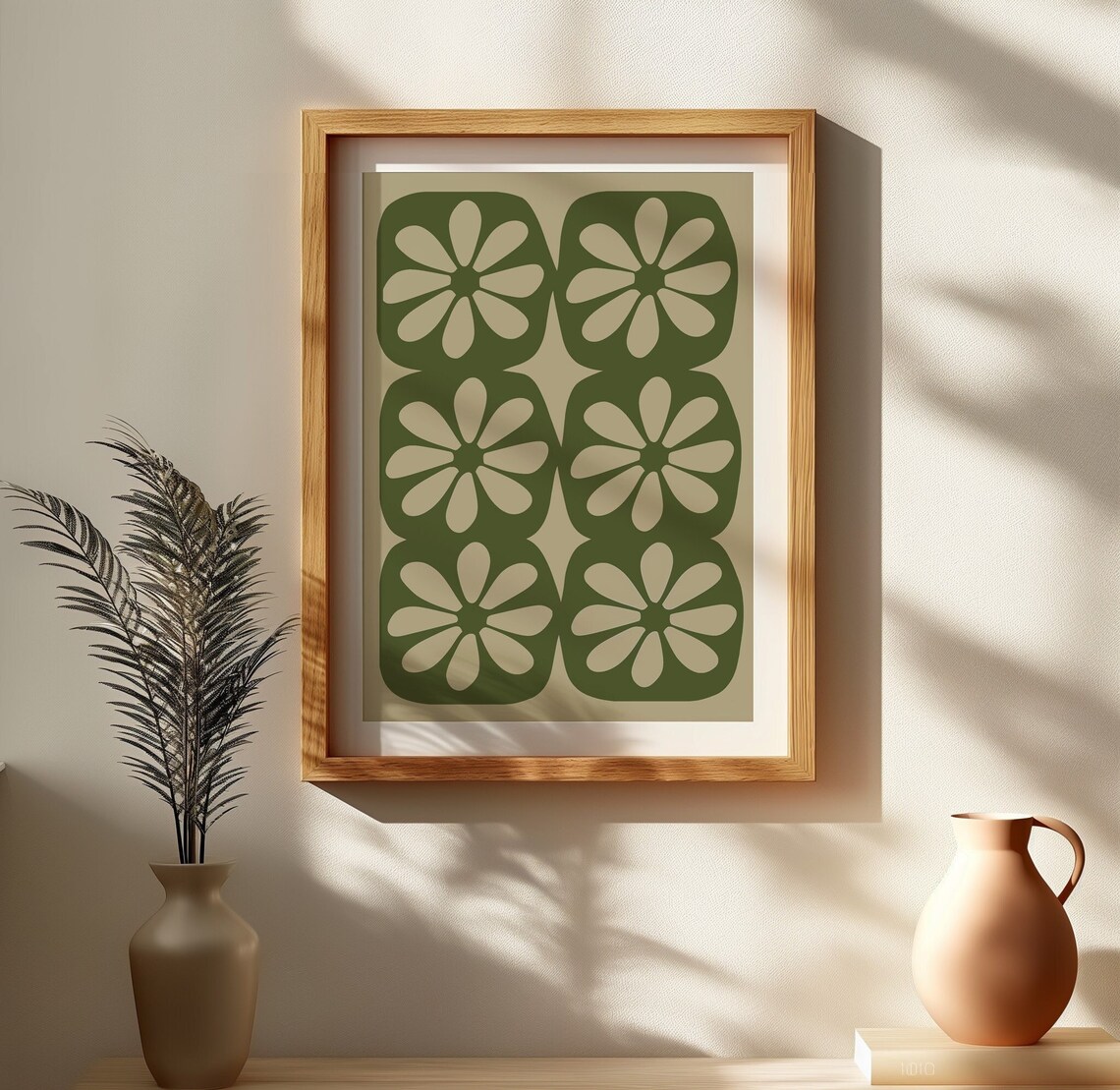 Olive Green Cream Retro Flower Tiles Pattern Wall Poster for Office Wall Decor