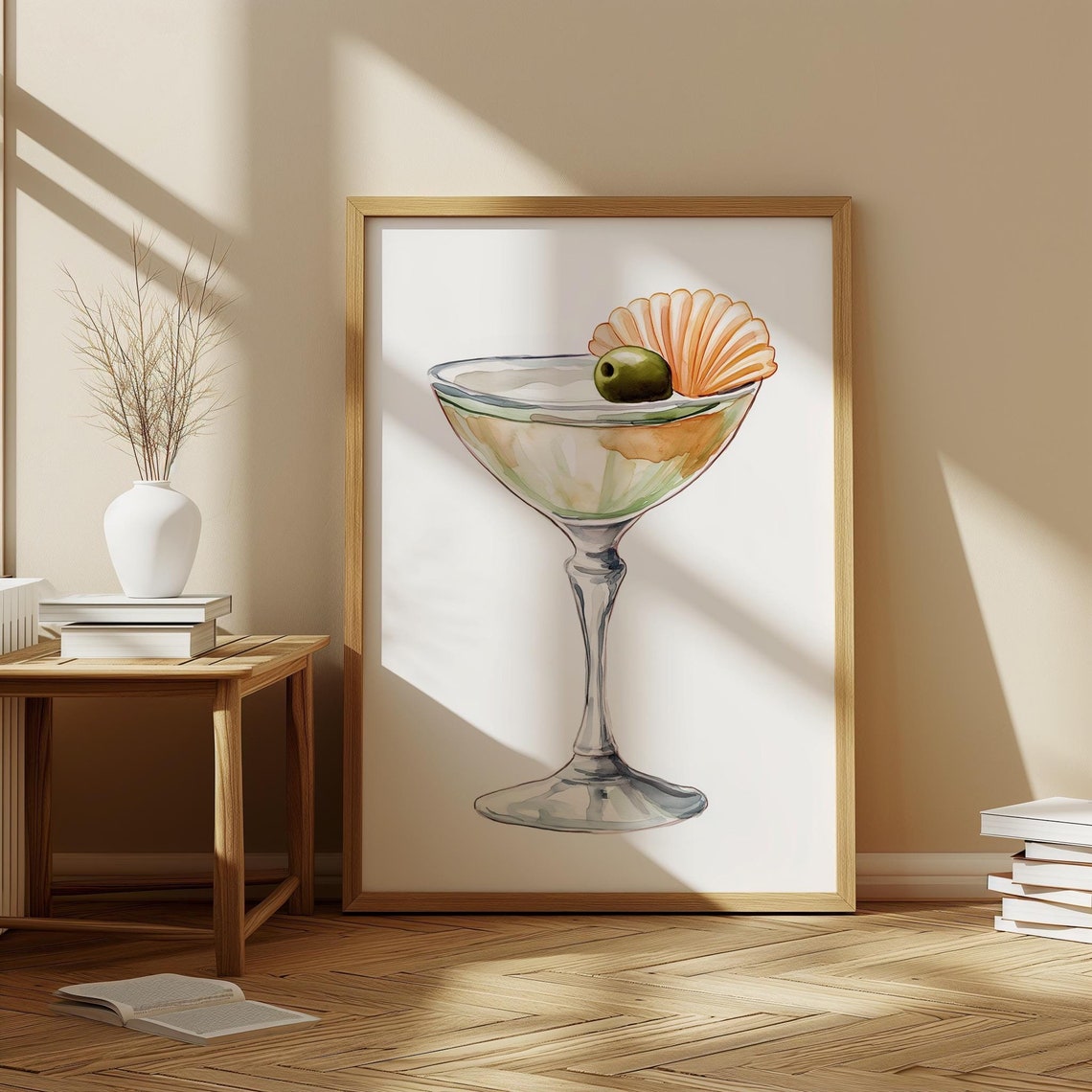 Watercolor Martini Glass Olive Cocktail Garnish Bar Art Poster