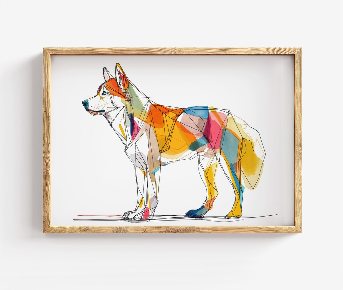Husky Geometric Line Art With Rainbow Watercolor Dog Poster On White