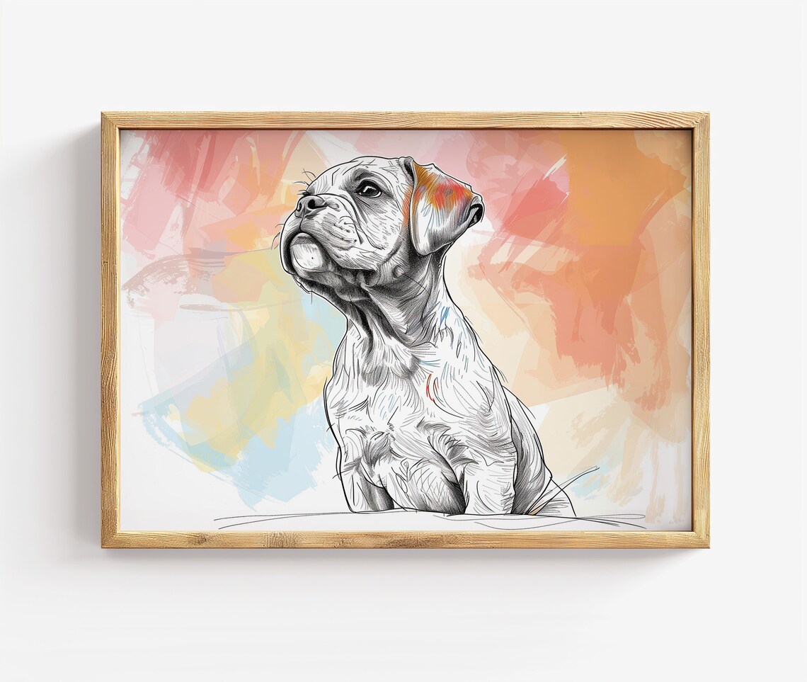 Bulldog Puppy Ink Sketch Soft Watercolor Background Pet Art Poster