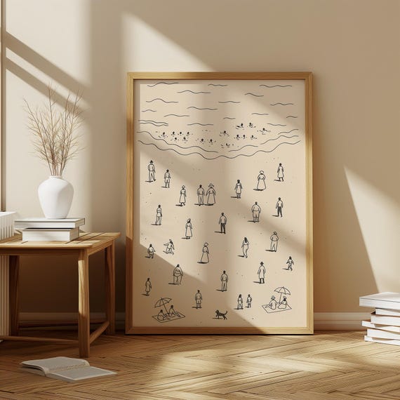 Minimalist Beach Line Art Print Coastal People Illustration
