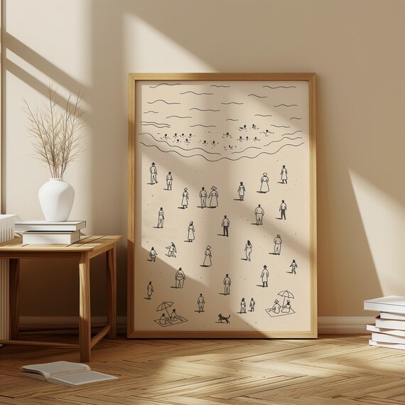 Minimalist Beach People Line Art Drawing Coastal Decor Poster