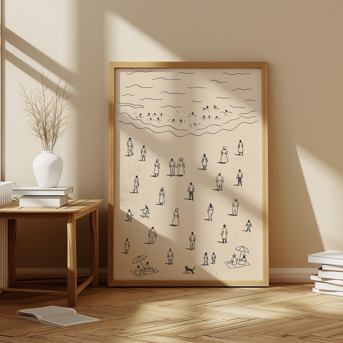 Minimalist Beach People Line Art Drawing Coastal Decor Poster