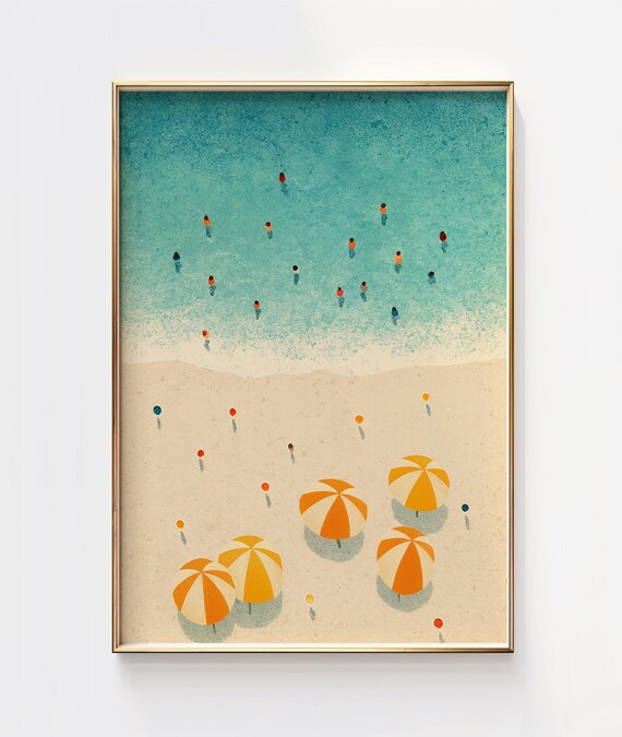 Aerial Beach Umbrellas Swimmers Summer Day Illustration Poster