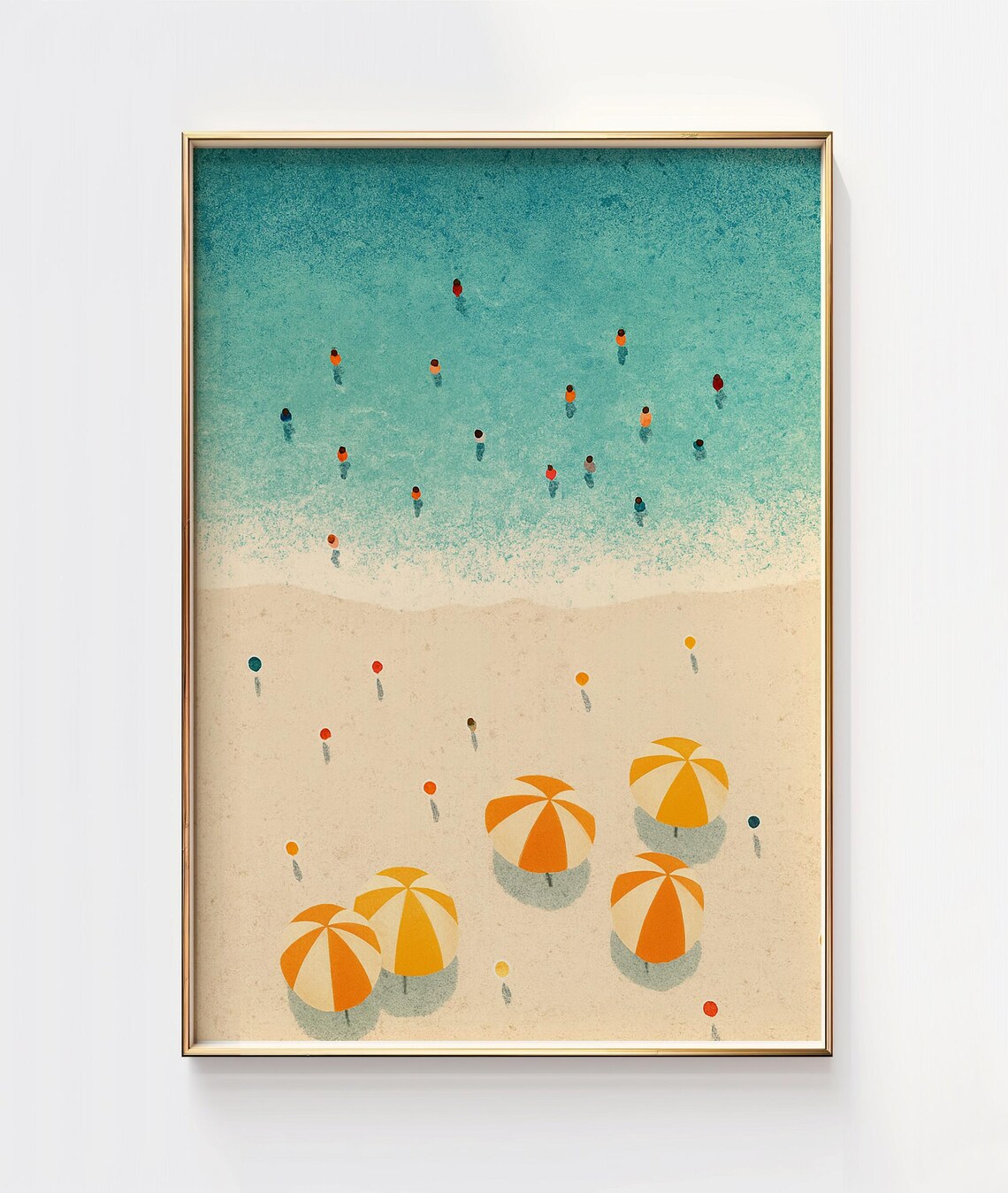 Aerial Beach Umbrellas Swimmers Summer Day Illustration Poster