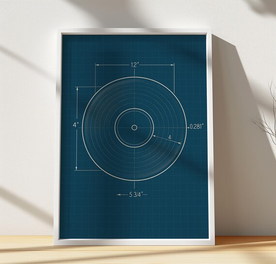Vinyl Record Blueprint Technical Diagram Retro Music Decor Poster