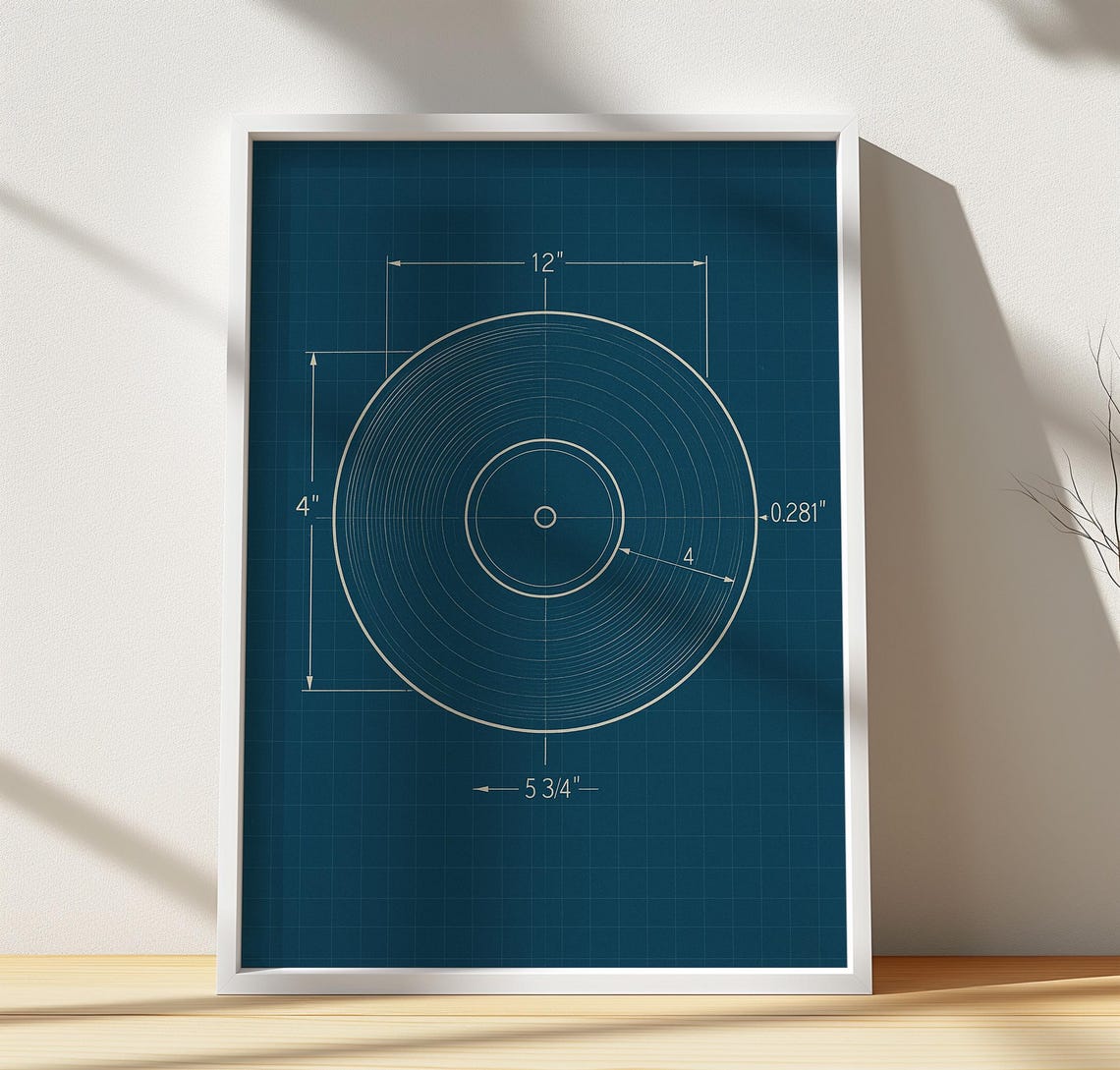 Vinyl Record Blueprint Technical Diagram Retro Music Decor Poster