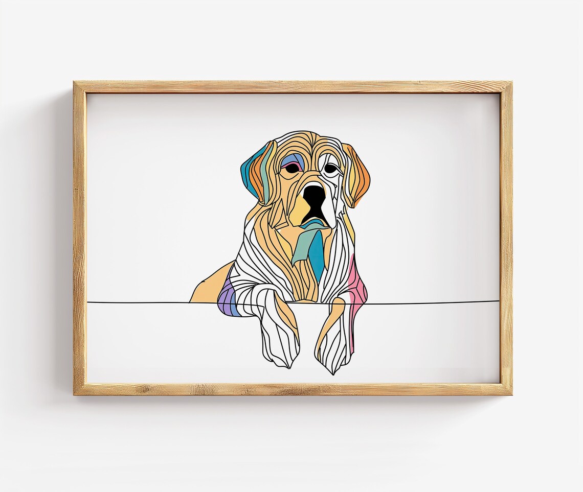 Colorful Line Art Golden Retriever Puppy Peeking Over Poster
